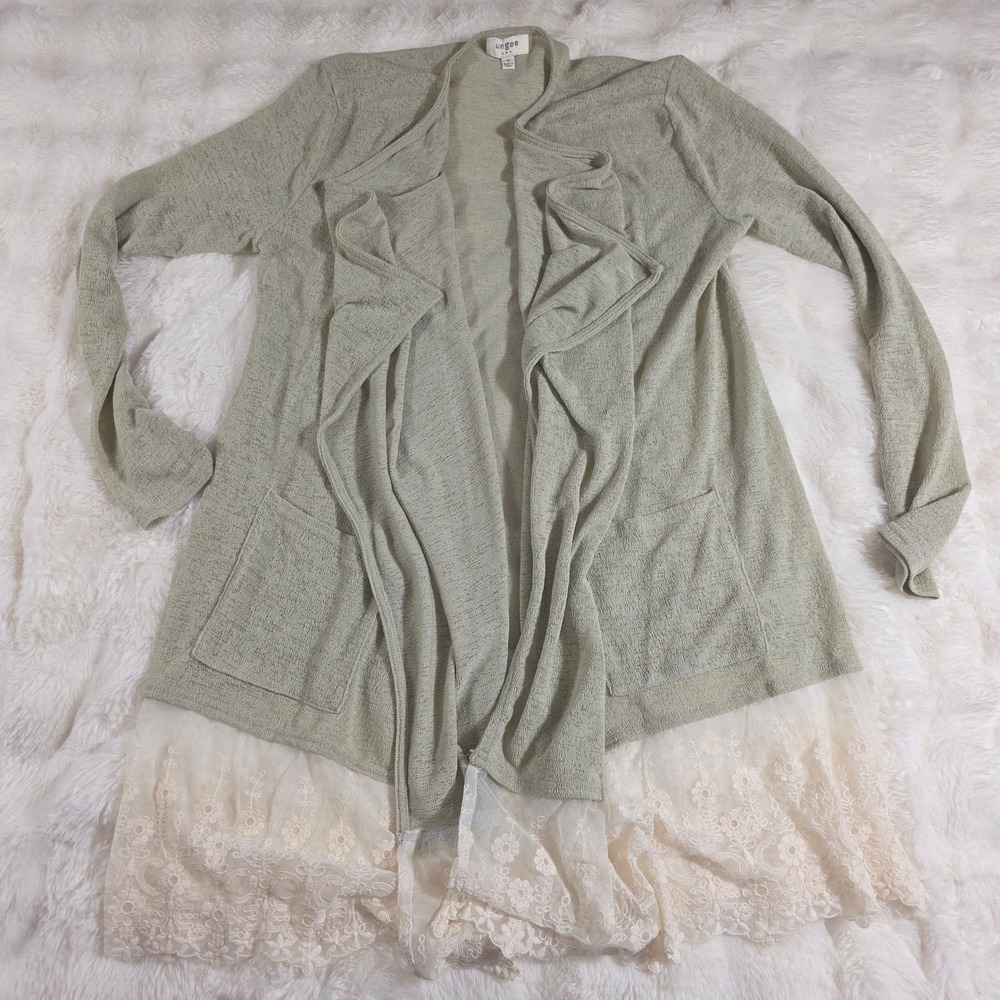 Umgee Cardigan Women Medium Sage Green Excellent Lace Hem Draped Open Front 057